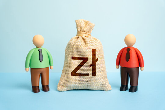 Two businessmen negotiate over Polish zlotys money bag. Financial agreement reflects international trade. Currency exchange and contract. Loans and credits. Business partnership.