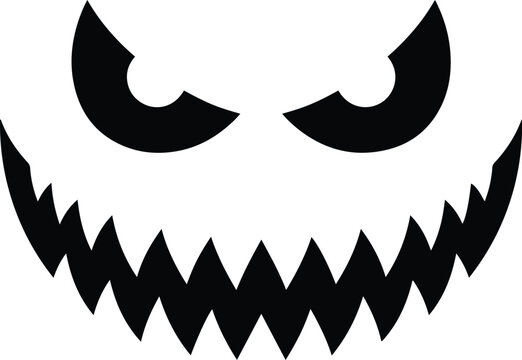 ​Spooky jack-o'-lantern face with sharp angular eyes and a wide jagged grin, evil Halloween pumpkin stencil black and white vector illustration
