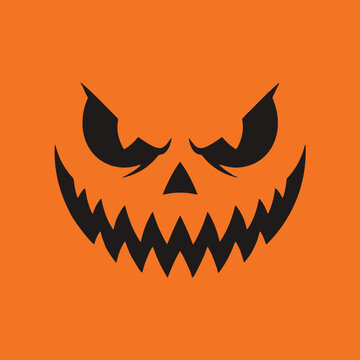 ​Spooky black jack-o'-lantern face with sharp angular eyes, triangular nose, and a wide jagged grin on an orange background, evil Halloween pumpkin vector illustration
