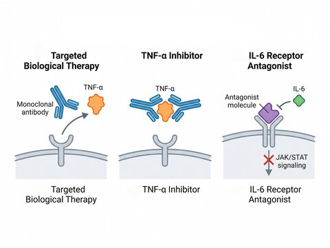 Targeted biological therapies utilize monoclonal antibodies and receptor antagonists to inhibit tumor necrosis factor alpha and interleukin six signaling pathways effectively.