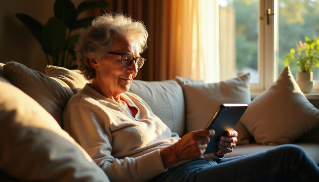 Elderly woman sits on comfortable sofa holding digital tablet in cozy living room. Senior lady wears glasses reading news online near window during sunset light. Calm grandmother enjoys tech device