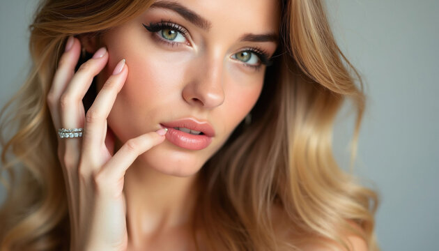 Young woman with long wavy blonde hair touches face. Attractive model wears elegant ring on finger. Pro makeup highlights green eyes, soft skin in closeup portrait. Calm female expression on neutral