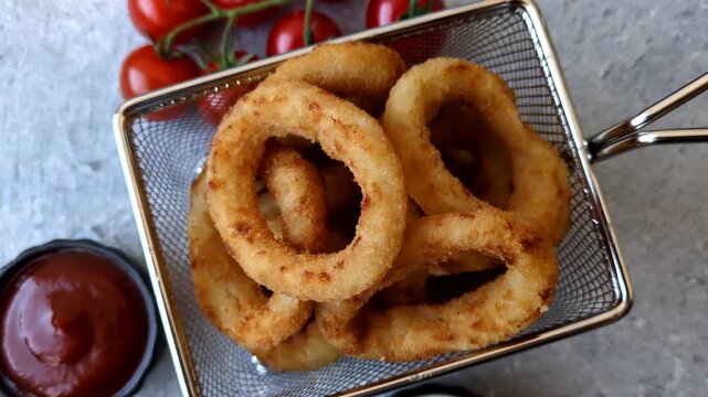 Deep fried breaded onion or squid rings, crispy fast food snacks. Fried onion or squid rings as a food background for your design