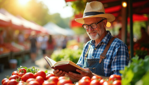 Elderly man with straw hat and glasses reads book at market stall with tomatoes. He wears overalls and blue checkered shirt. Sun shines brightly on summer day.