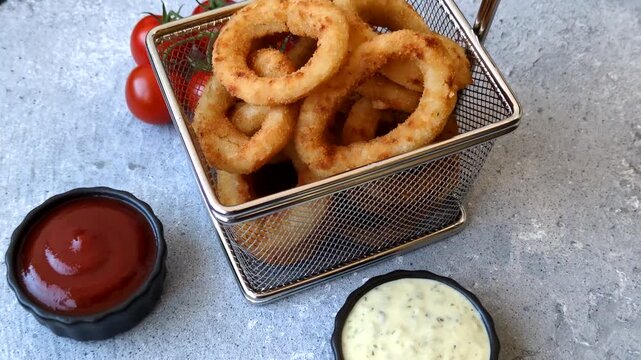 Deep fried breaded onion or squid rings, crispy fast food snacks. Fried onion or squid rings as a food background for your design