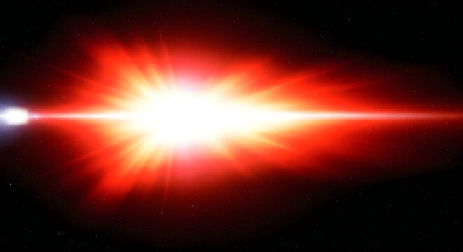 Intense bright red supernova explosion radiating powerful beams of light across the vast dark depths of outer deep space cosmos