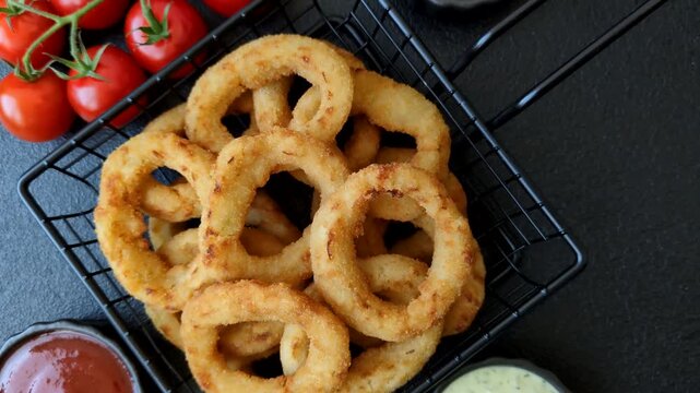 Deep fried breaded onion or squid rings, crispy fast food snacks. Fried onion or squid rings as a food background for your design