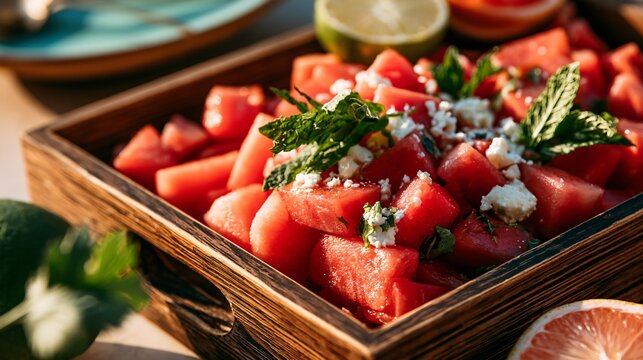 A rustic wooden serving tray featuring watermelon feta salad alongside citrus fruits under warm sunset lighting