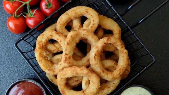 Deep fried breaded onion or squid rings, crispy fast food snacks. Fried onion or squid rings as a food background for your design