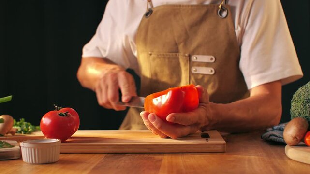 Man cut red paprika sweet pepper, Healthy food, Chef hands with knife for onion, cutting and preparation with cooking for dish. Restaurant, culinary service and cook with skills for catering