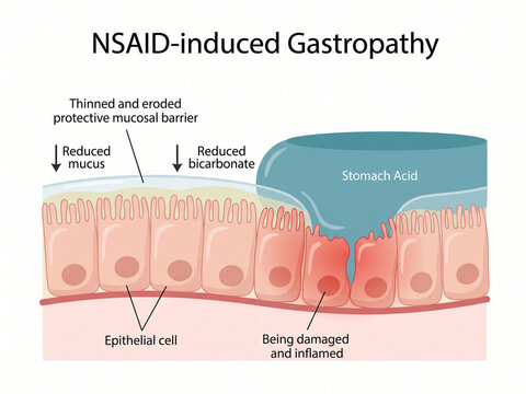 Stomach lining illustration demonstrates how non-steroidal anti-inflammatory drugs cause erosion of the protective mucosal barrier and induce inflammation in human epithelial cells.