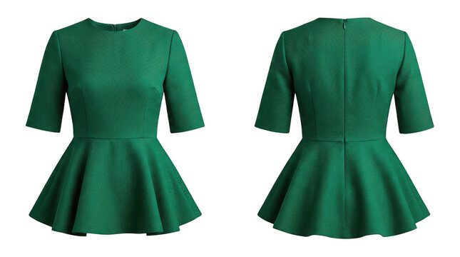 Front and back view of elegant green textured peplum blouse with clothing womenswear isolated background