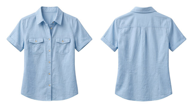 Front and back view of light blue denim button down short sleeve shirt with clothing menswear isolated