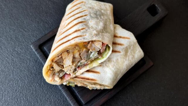 Grilled chicken shawarma or doner with tomatoes, cucumber, and sauces, takeout food. Shawarma as a food background for your design