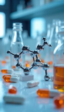 Metallic molecular structure model stands on table with pharmaceutical capsules, glass vials. Science lab background displays medical research tools for organic chemistry experiment. Drug development