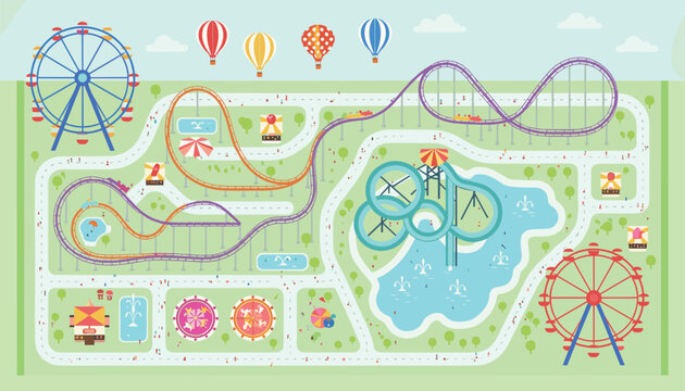 Colorful top-down map of an amusement park featuring roller coasters, a Ferris wheel, water slides, and hot air balloons.
