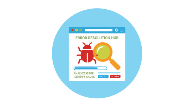 Error resolution hub interface with a large red bug icon and magnifying glass symbolizes a dedicated online portal or software for identifying, analyzing, and resolving system issues.