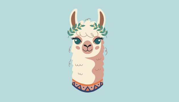 Adorable cartoon llama wearing a delicate green leaf wreath on its fluffy head, set against a solid blue background.