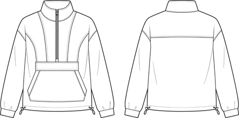 Professional technical flat sketch CAD drawing of a half-zip anorak windbreaker vector illustration © MdBabul