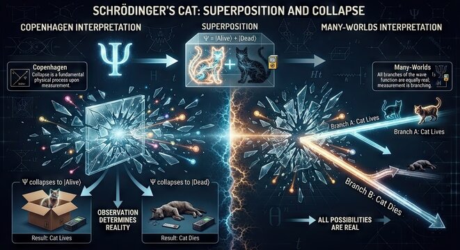 Schrodinger's cat quantum physics superposition collapse diagram
