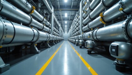 Obraz premium Industrial gas pipes stretch down long corridor. Large metal tubes with yellow markings run along both sides of clean factory floor. Reflective lighting illuminates facility and its complex machinery.
