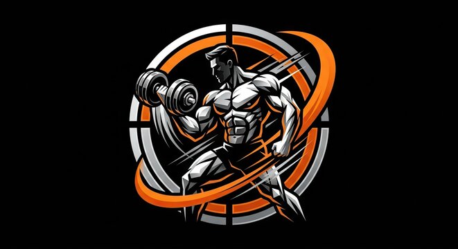 Muscular bodybuilder flexing bicep in circular orange emblem