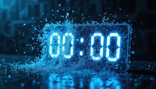 Digital clock display shows zero time remaining with water splashes. Electronic timer breaks apart on dark circuit board surface. Glowing blue light effect final countdown deadline system failure.
