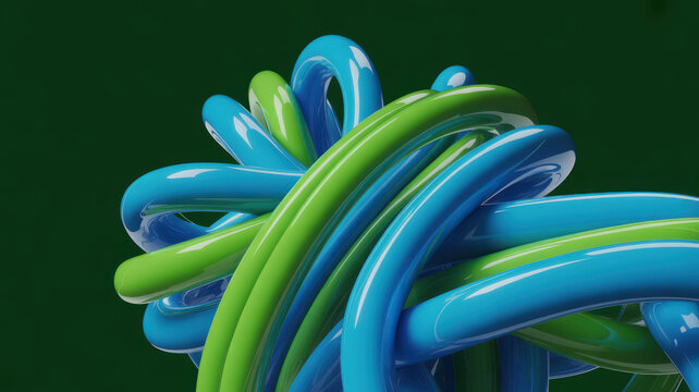 Abstract 3D background with intertwined blue and green glossy tubes.