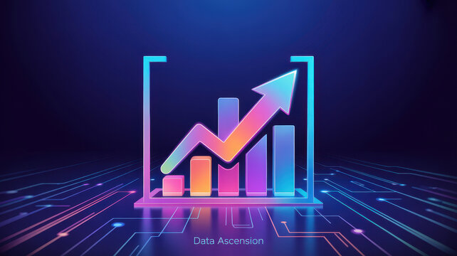 Abstract digital illustration of a growing financial bar chart with an upward arrow on a circuit board background.