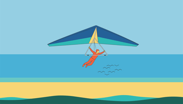 Brave person flying on a blue and turquoise hang glider over a beautiful sandy beach and ocean water.