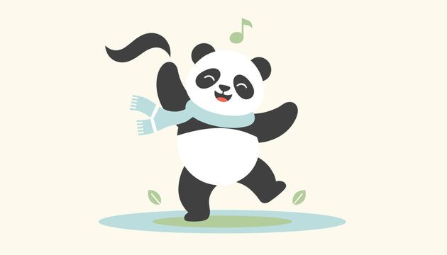 Cute cartoon giant panda wearing a blue winter scarf dancing happily on a light cream background with music note.