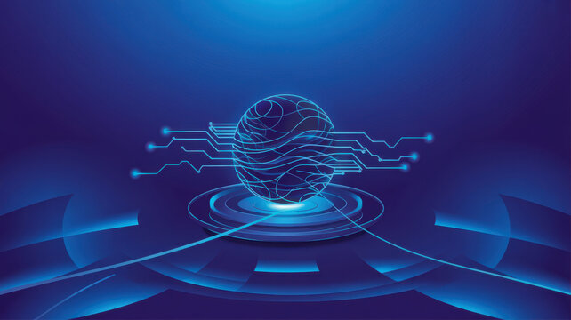 Abstract digital background with a glowing sphere and circuit board lines representing global technology and connectivity.