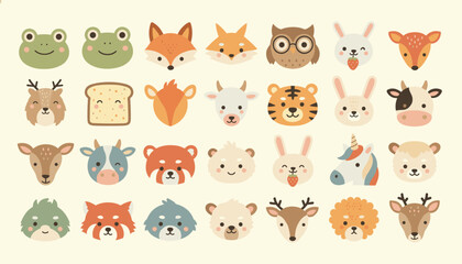 Obraz premium Colorful grid of cute cartoon animal faces including a frog, fox, deer, tiger, rabbit, and cow on a cream background.