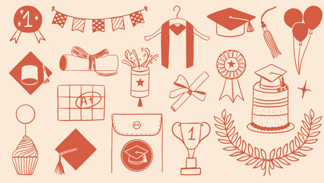 Hand drawn illustration of graduation ceremony elements featuring diploma, mortarboard cap, trophy, and celebration cake in cute red outline doodle style