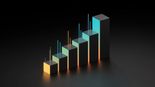 Abstract 3D bar chart showing business growth and success with glowing neon light accents.