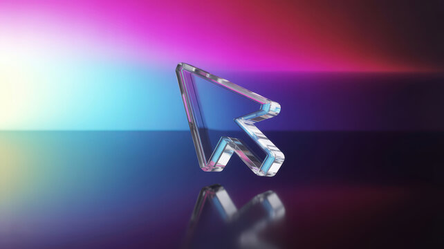 3D rendered glass computer mouse cursor icon on a colorful gradient background.