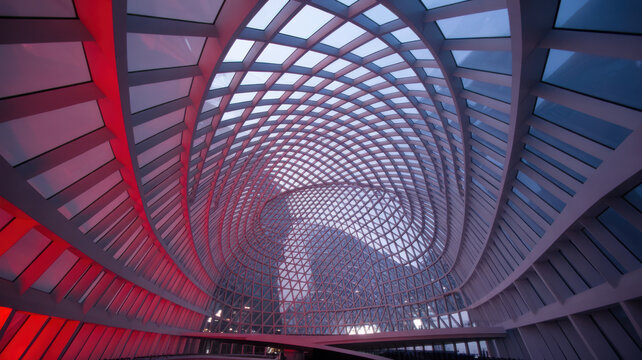 Modern architectural interior of a futuristic building with a complex curved glass roof structure.