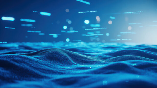 Abstract background with glowing blue digital waves and particles representing data flow and technology.