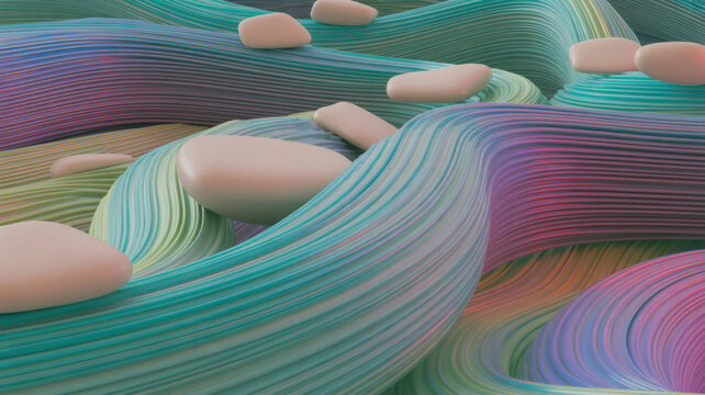 Abstract 3D background with flowing colorful ribbons and smooth floating stones.
