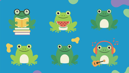 Fototapeta premium Set of six adorable cartoon frogs engaged in various fun activities including reading, playing music, and eating.