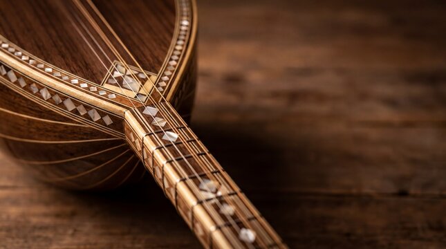 Traditional musical instrument, close-up of a turkish saz showcasing intricate inlays in warm light