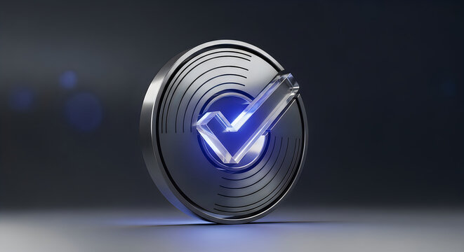 3D Render of a Metallic Verification Icon with Glowing Blue Checkmark