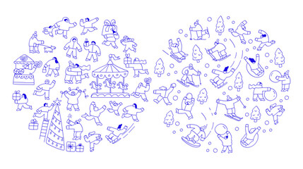 Obraz premium Christmas fair line art. Christmas Market and Winter Time outline collection combining Christmas market scenes, festive people, carousel, tree decorating and playful winter sports characters.
