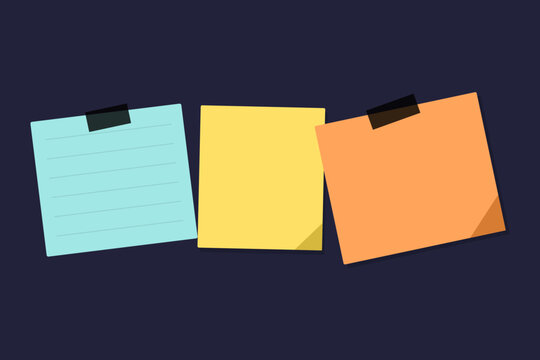 Three colorful sticky paper notes with tape on a dark background for reminders and office tasks Vector
