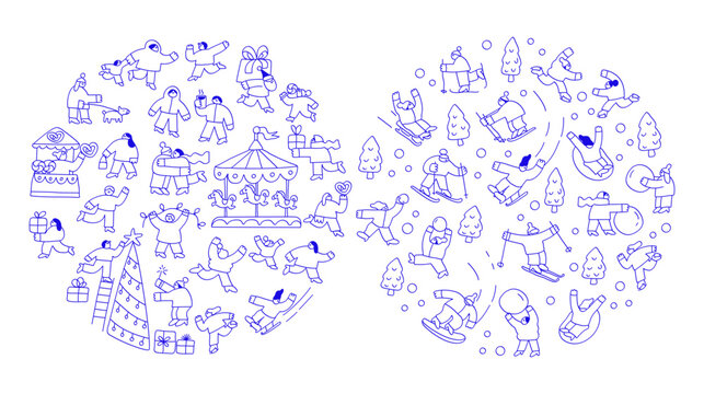 Christmas fair line art. Christmas Market and Winter Time outline collection combining Christmas market scenes, festive people, carousel, tree decorating and playful winter sports characters.