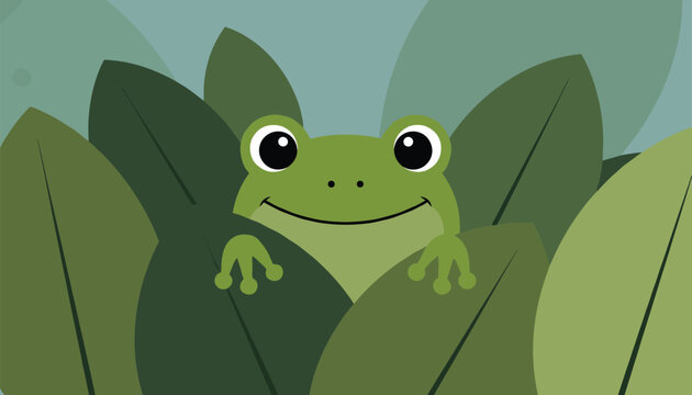 Adorably friendly green frog with a cheerful happy smile peeking out from behind dense dark green tropical leaves.