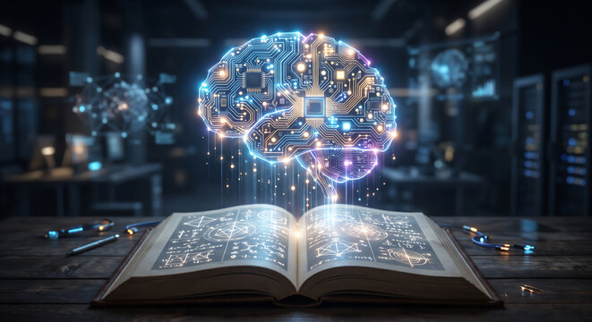 Glowing artificial intelligence circuit brain hovering above an open book