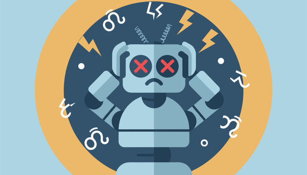 Frustrated and malfunctioning robot holding its head with red cross eyes inside a dark blue circular frame.