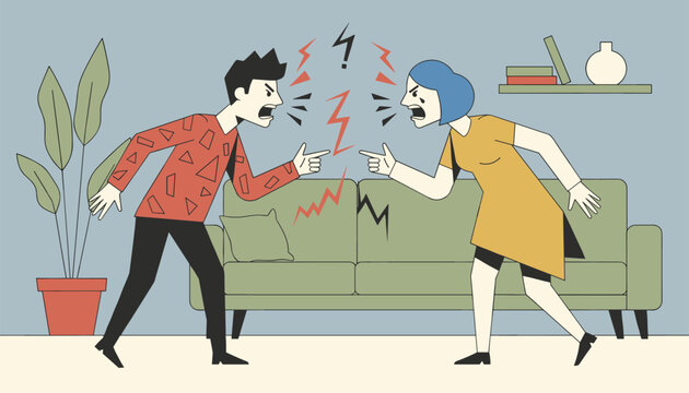 Furious couple arguing and shouting at each other in their living room with lightning bolts of anger in between.