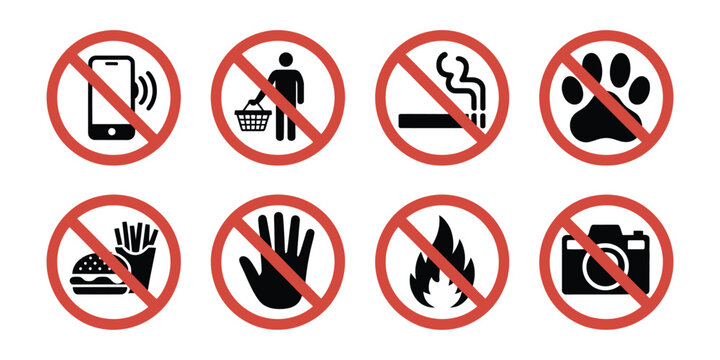 Prohibited icons set no cell phone zone litter smoking pets eating drinks touch fire photography restriction symbols for safety warning signage